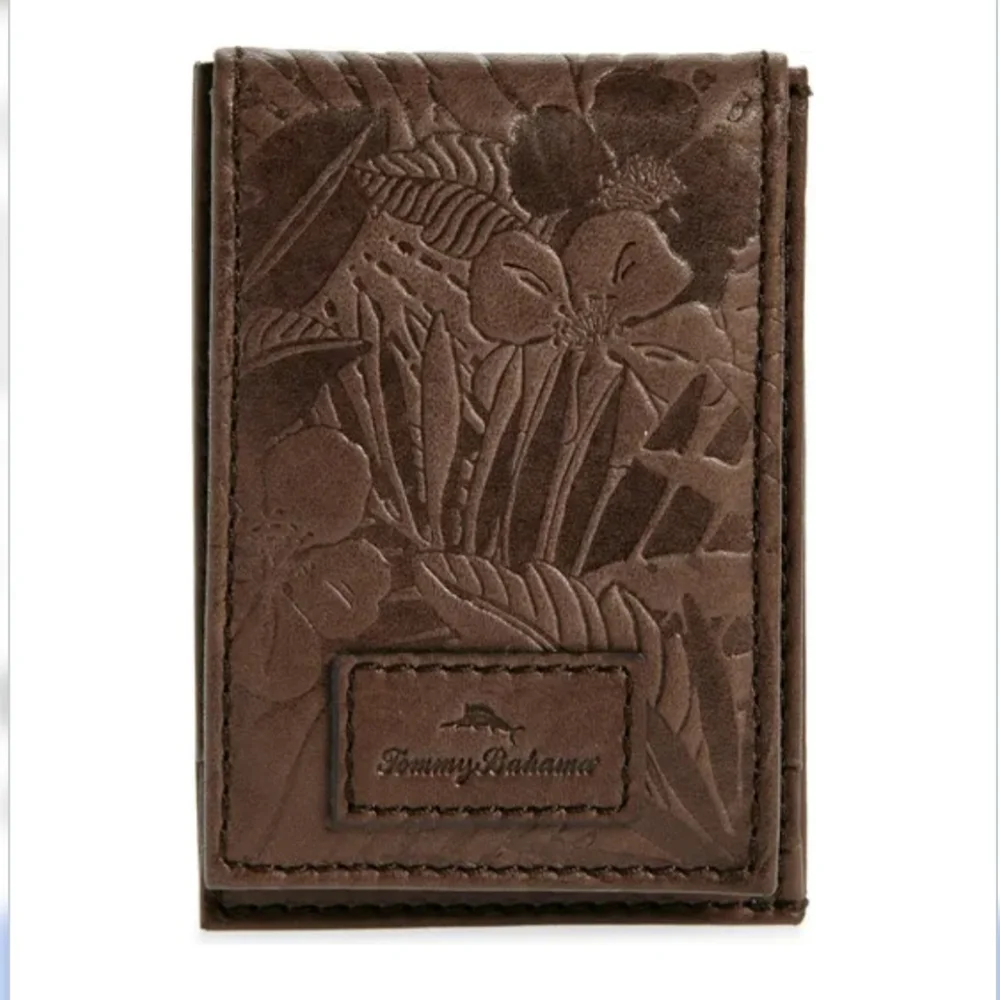 Tommy Bahama Floral Embossed Leather Bi-fold Wallet w/Money Clip Boxed Brown NWT